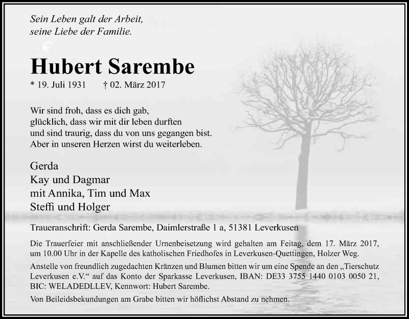  Traueranzeige für Hubert Sarembe vom 11.03.2017 aus Kölner Stadt-Anzeiger / Kölnische Rundschau / Express