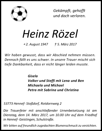 Anzeige von Heinz Rözel von Kölner Stadt-Anzeiger / Kölnische Rundschau / Express