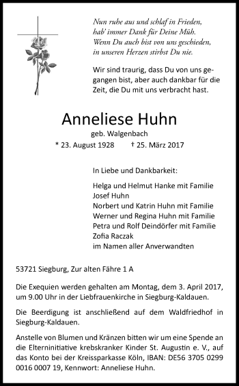 Anzeige von Anneliese Huhn von Kölner Stadt-Anzeiger / Kölnische Rundschau / Express
