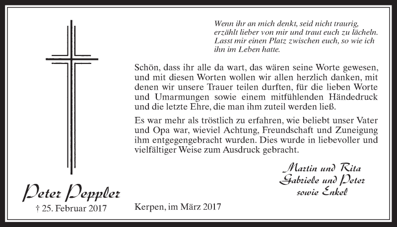  Traueranzeige für Peter Peppler vom 29.03.2017 aus  Werbepost 