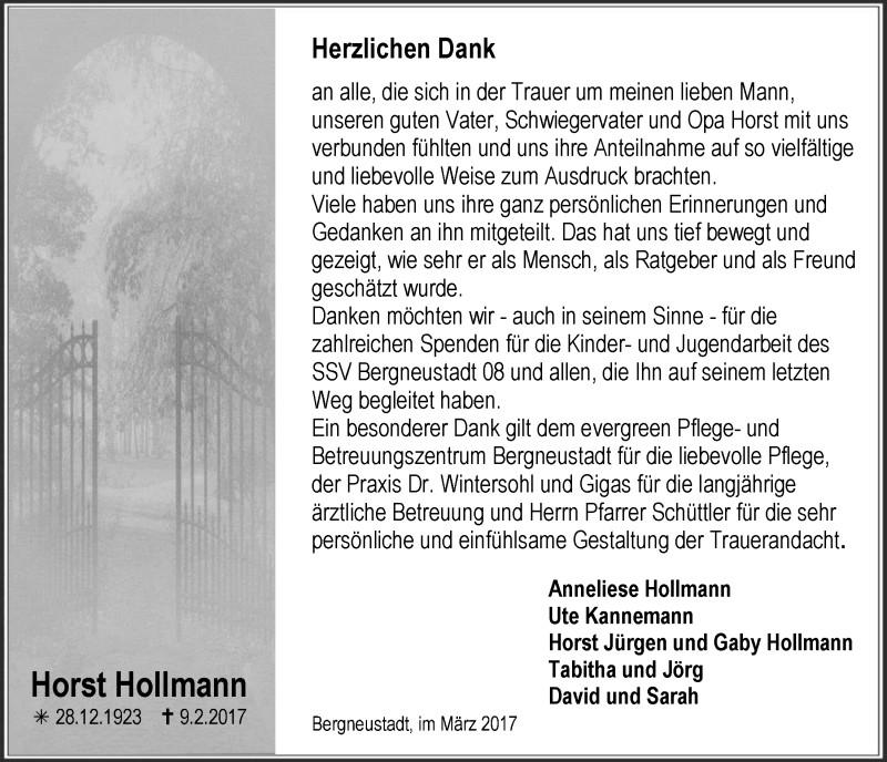  Traueranzeige für Horst Hollmann vom 15.03.2017 aus  Anzeigen Echo 