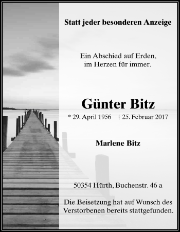 Anzeige von Günter Bitz von Kölner Stadt-Anzeiger / Kölnische Rundschau / Express
