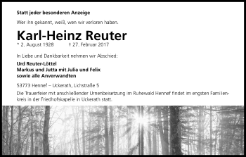 Anzeige von Karl-Heinz Reuter von Kölner Stadt-Anzeiger / Kölnische Rundschau / Express