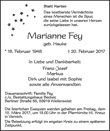 Anzeige von Marianne Fey von  Blickpunkt Euskirchen 