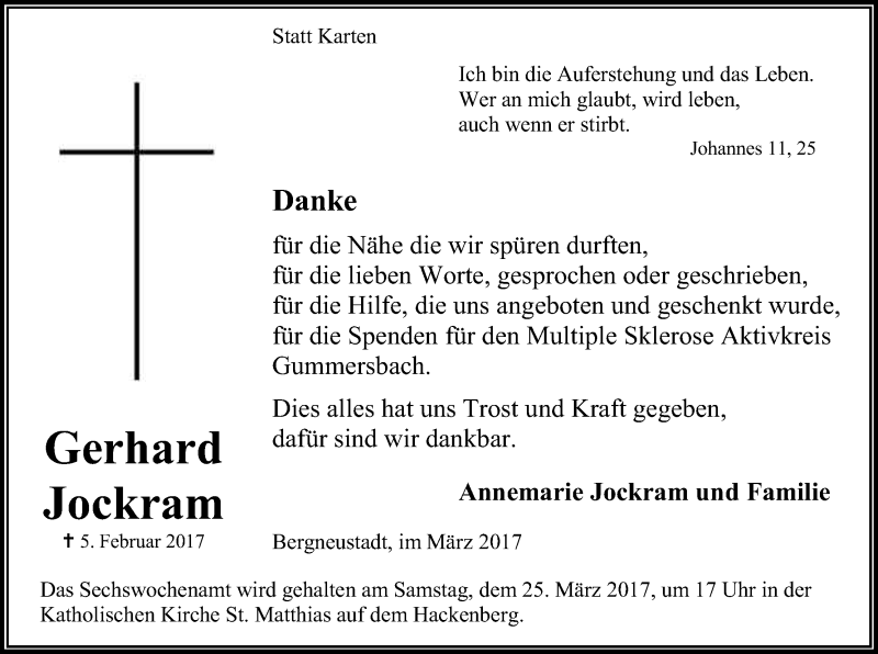  Traueranzeige für Gerhard Jockram vom 18.03.2017 aus Kölner Stadt-Anzeiger / Kölnische Rundschau / Express