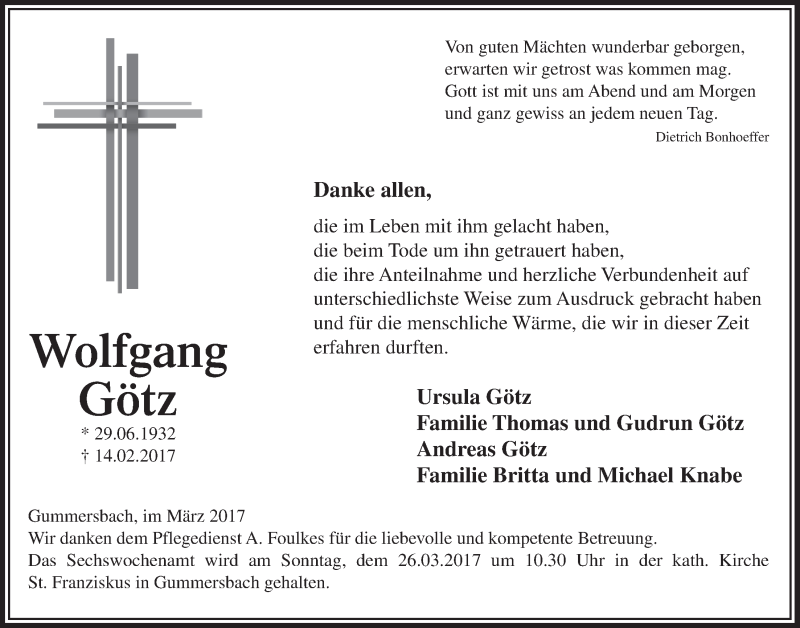  Traueranzeige für Wolfgang Götz vom 15.03.2017 aus  Anzeigen Echo 