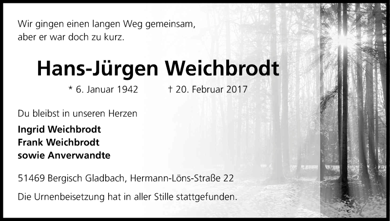  Traueranzeige für Hans-Jürgen Weichbrodt vom 06.03.2017 aus Kölner Stadt-Anzeiger / Kölnische Rundschau / Express