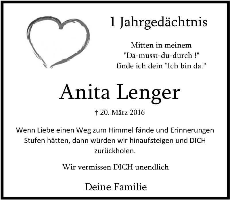  Traueranzeige für Anita Lenger vom 22.03.2017 aus  Anzeigen Echo 