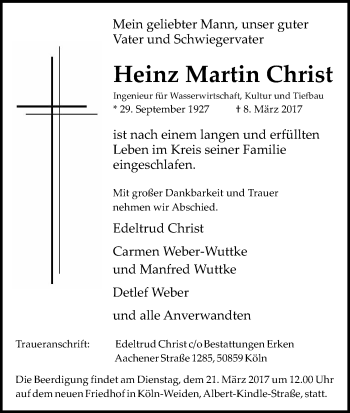 Anzeige von Heinz Martin Christ von Kölner Stadt-Anzeiger / Kölnische Rundschau / Express