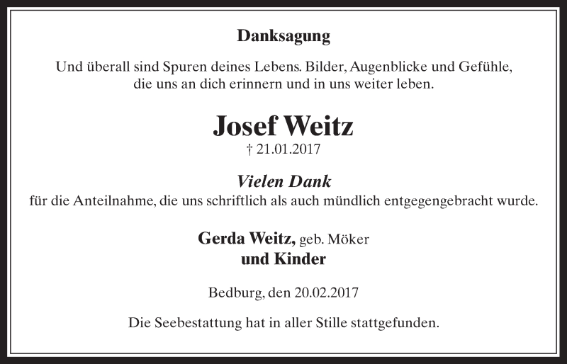  Traueranzeige für Josef Weitz vom 08.03.2017 aus  Werbepost 