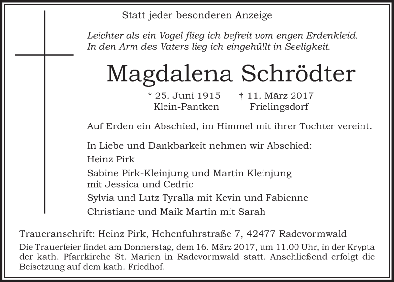  Traueranzeige für Magdalena Schrödter vom 15.03.2017 aus  Anzeigen Echo 