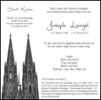 Anzeige von Joseph Langel von Kölner Stadt-Anzeiger / Kölnische Rundschau / Express