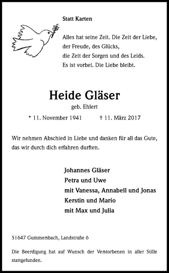 Anzeige von Heide Gläser von Kölner Stadt-Anzeiger / Kölnische Rundschau / Express