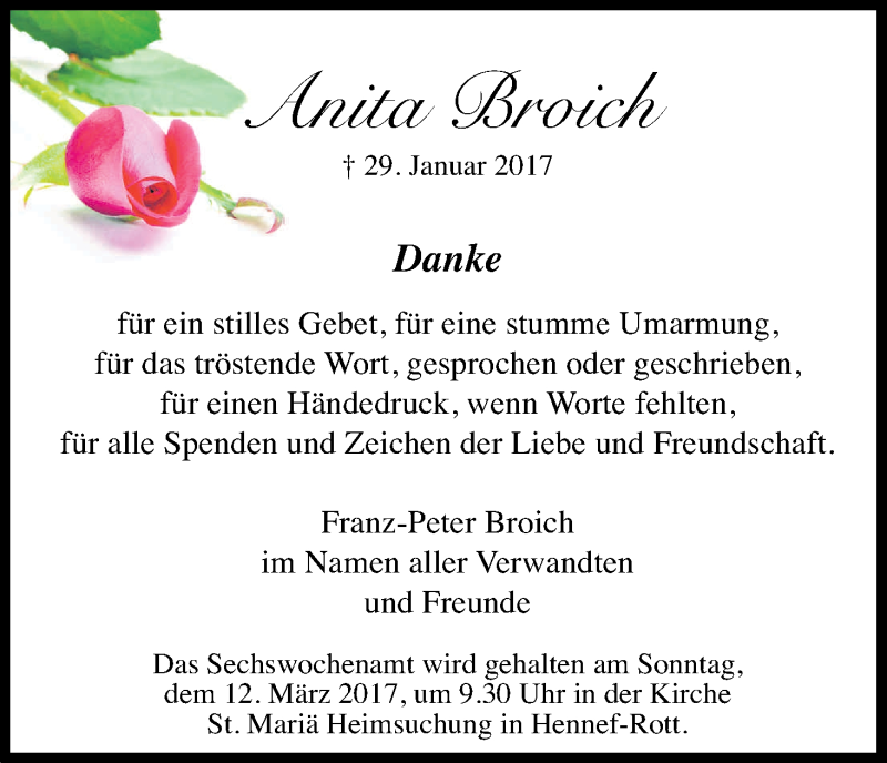  Traueranzeige für Anita Broich vom 04.03.2017 aus Kölner Stadt-Anzeiger / Kölnische Rundschau / Express