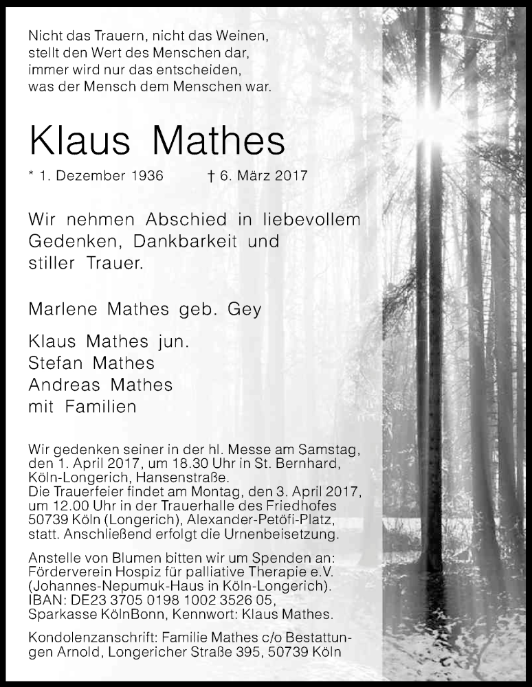  Traueranzeige für Klaus Mathes vom 18.03.2017 aus Kölner Stadt-Anzeiger / Kölnische Rundschau / Express