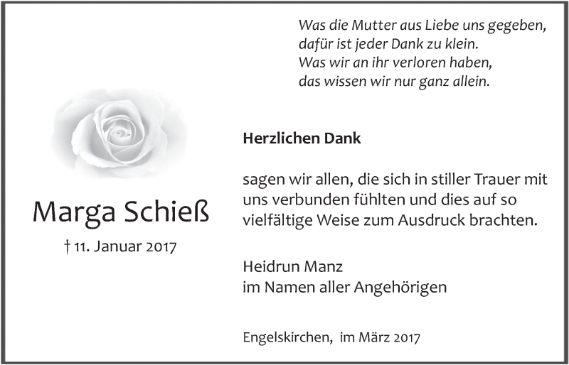  Traueranzeige für Marga Schieß vom 08.03.2017 aus  Anzeigen Echo 
