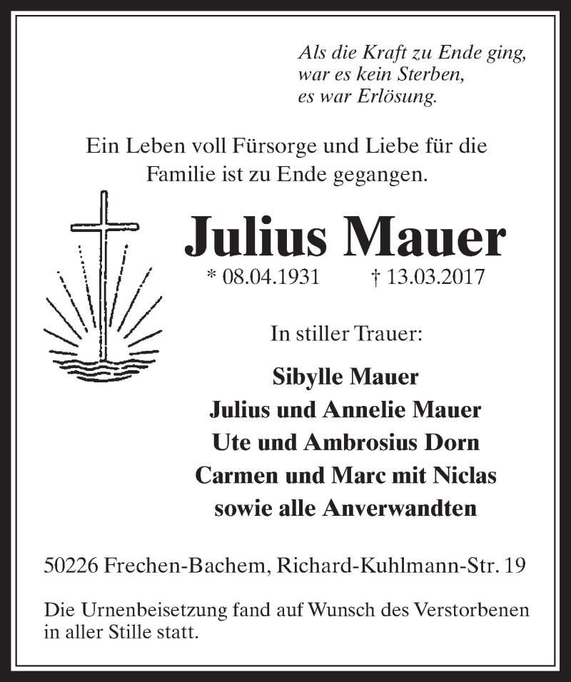  Traueranzeige für Julius Mauer vom 29.03.2017 aus  Wochenende 