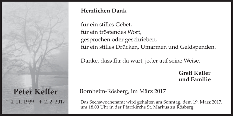  Traueranzeige für Peter Keller vom 08.03.2017 aus  Schaufenster/Blickpunkt 