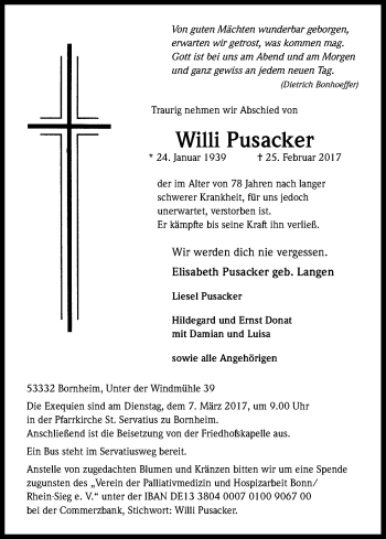 Anzeige von Willi Pusacker von Kölner Stadt-Anzeiger / Kölnische Rundschau / Express