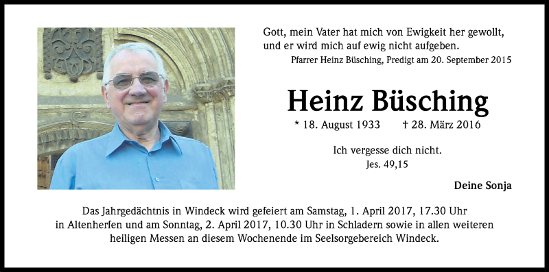  Traueranzeige für Heinz Büsching vom 28.03.2017 aus Kölner Stadt-Anzeiger / Kölnische Rundschau / Express