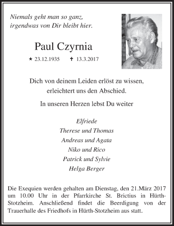 Anzeige von Paul Czyrnia von  Sonntags-Post 