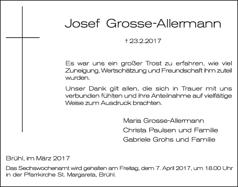  Traueranzeige für Josef Grosse-Allermann vom 29.03.2017 aus  Schlossbote/Werbekurier 