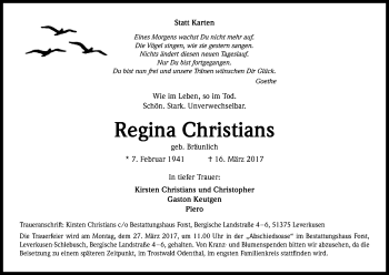 Anzeige von Regina Christians von Kölner Stadt-Anzeiger / Kölnische Rundschau / Express