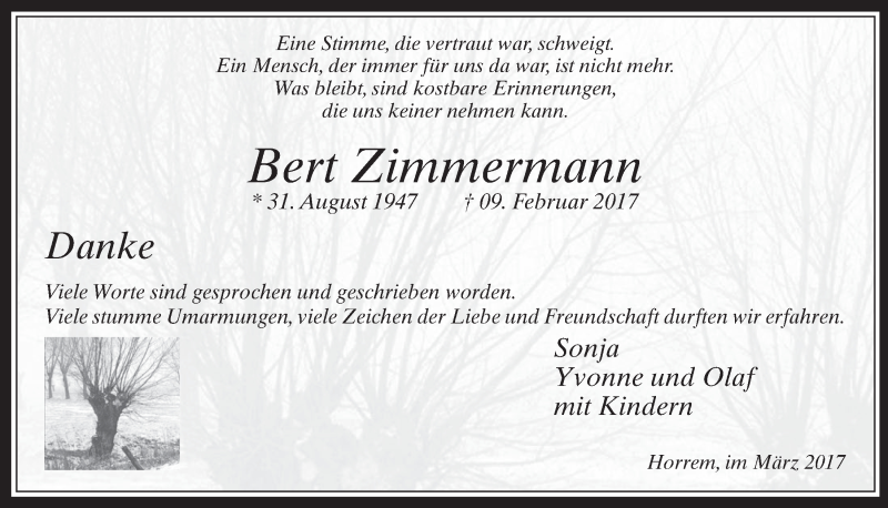  Traueranzeige für Bert Zimmermann vom 15.03.2017 aus  Werbepost 