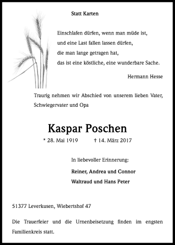 Anzeige von Kaspar Poschen von Kölner Stadt-Anzeiger / Kölnische Rundschau / Express