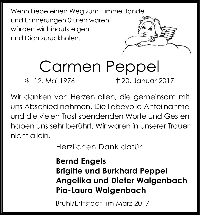  Traueranzeige für Carmen Peppel vom 04.03.2017 aus Kölner Stadt-Anzeiger / Kölnische Rundschau / Express