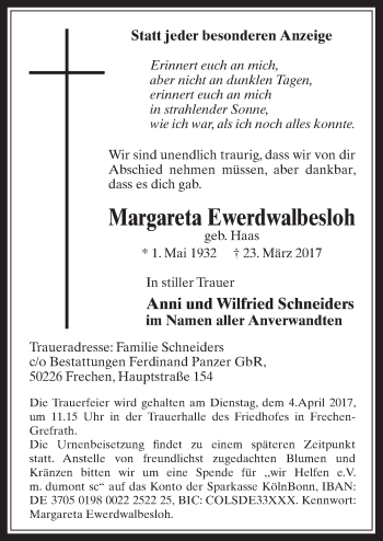 Anzeige von Margareta Ewerdwalbesloh von  Wochenende 