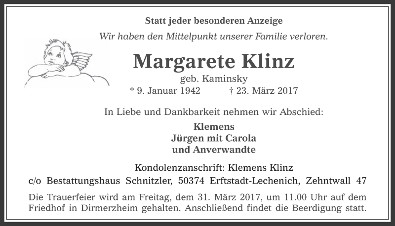  Traueranzeige für Margarete Klinz vom 29.03.2017 aus  Werbepost 