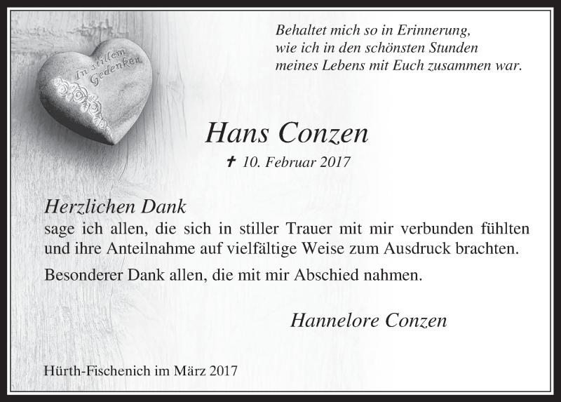  Traueranzeige für Hans Conzen vom 22.03.2017 aus  Wochenende 