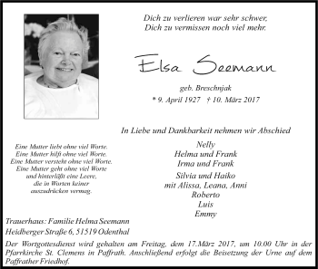 Anzeige von Elsa Seemann von Kölner Stadt-Anzeiger / Kölnische Rundschau / Express