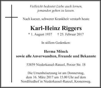 Anzeige von Karl-Heinz Riggers von  Extra Blatt 
