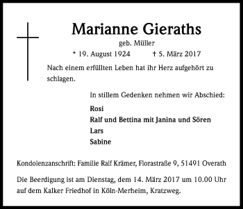 Anzeige von Marianne Gieraths von Kölner Stadt-Anzeiger / Kölnische Rundschau / Express