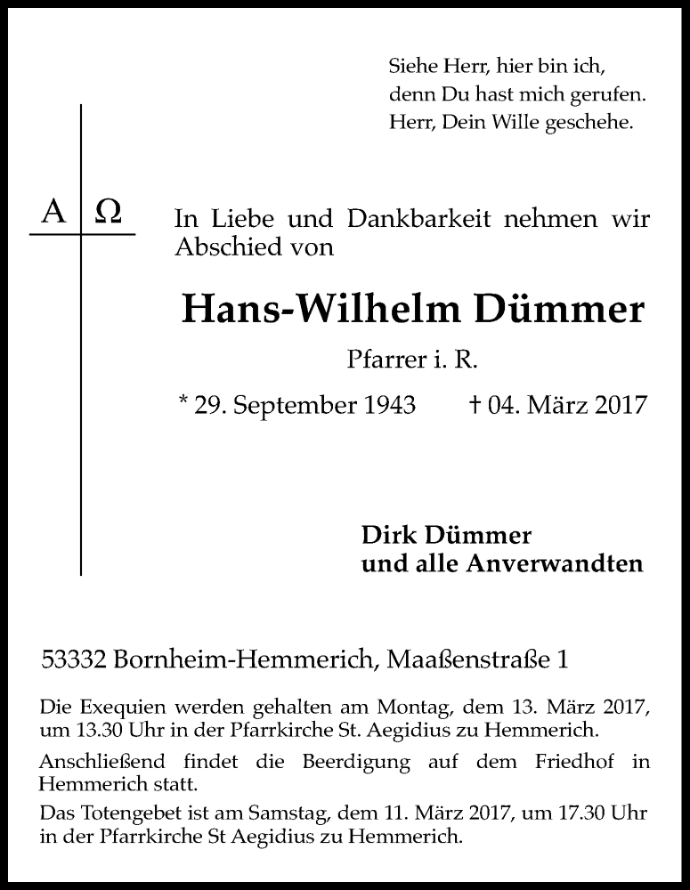  Traueranzeige für Hans-Wilhelm Dümmer vom 08.03.2017 aus Kölner Stadt-Anzeiger / Kölnische Rundschau / Express