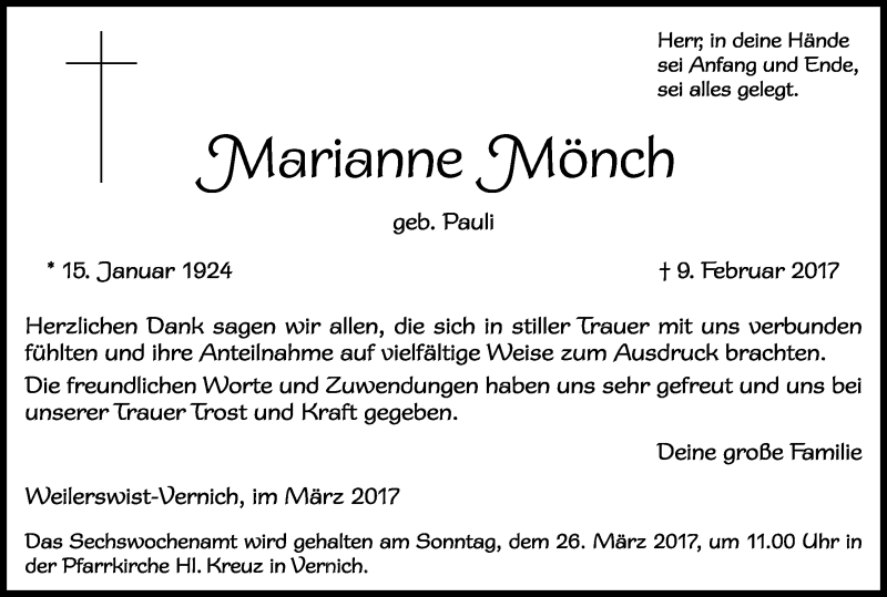  Traueranzeige für Marianne Mönch vom 11.03.2017 aus Kölner Stadt-Anzeiger / Kölnische Rundschau / Express