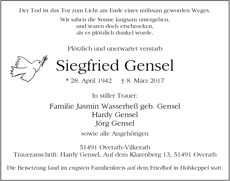  Traueranzeige für Siegfried Gensel vom 18.03.2017 aus  Bergisches Sonntagsblatt 