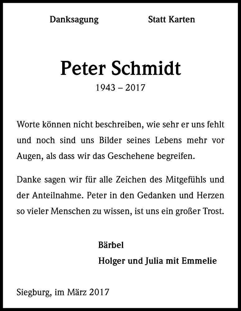  Traueranzeige für Peter Schmidt vom 18.03.2017 aus Kölner Stadt-Anzeiger / Kölnische Rundschau / Express