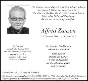 Anzeige von Alfred Zanzen von Kölner Stadt-Anzeiger / Kölnische Rundschau / Express