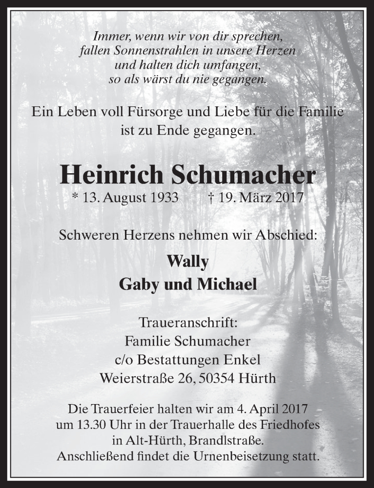  Traueranzeige für Heinrich Schumacher vom 29.03.2017 aus  Wochenende 
