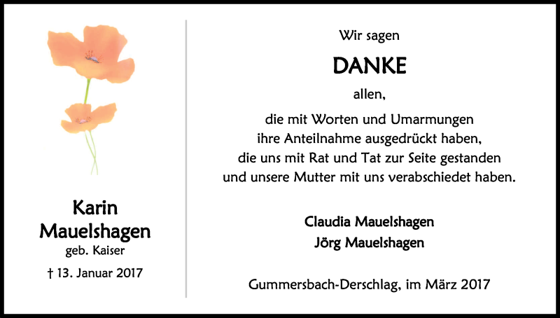  Traueranzeige für Karin Mauelshagen vom 18.03.2017 aus Kölner Stadt-Anzeiger / Kölnische Rundschau / Express