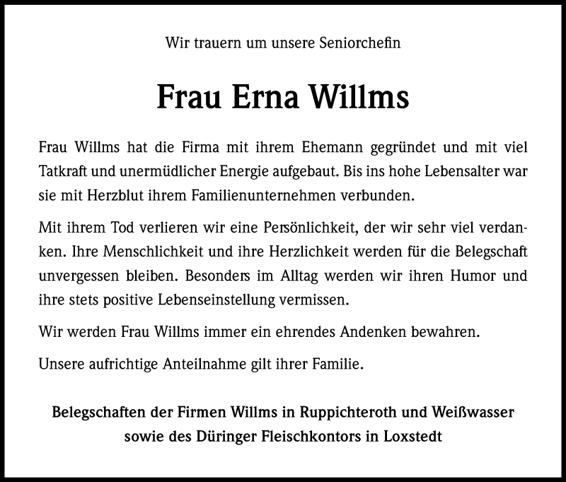  Traueranzeige für Erna Willms vom 22.03.2017 aus Kölner Stadt-Anzeiger / Kölnische Rundschau / Express