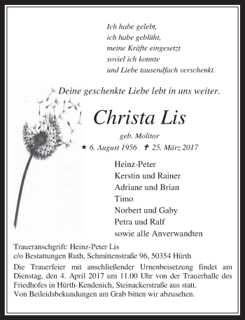 Anzeige von Christa Lis von  Wochenende 
