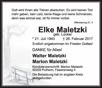 Anzeige von Elke Maletzki von  Sonntags-Post 