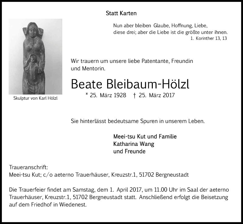  Traueranzeige für Beate Bleibaum-Hölzl vom 29.03.2017 aus Kölner Stadt-Anzeiger / Kölnische Rundschau / Express