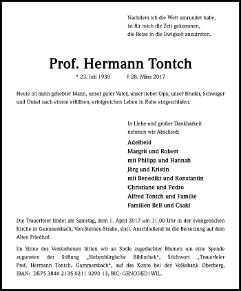 Anzeige von Hermann Tontch von Kölner Stadt-Anzeiger / Kölnische Rundschau / Express