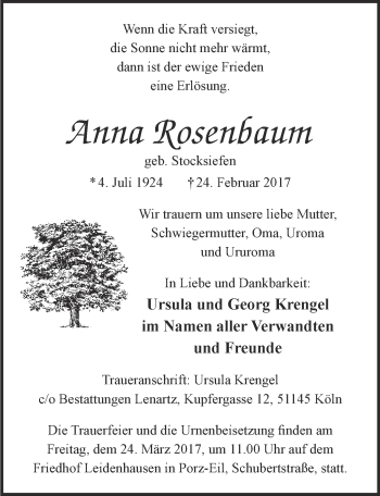 Anzeige von Anna Rosenbaum von  Kölner Wochenspiegel 
