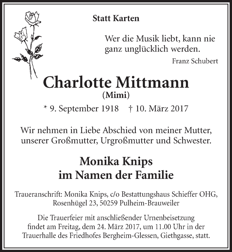  Traueranzeige für Charlotte Mittmann vom 18.03.2017 aus  Sonntags-Post 